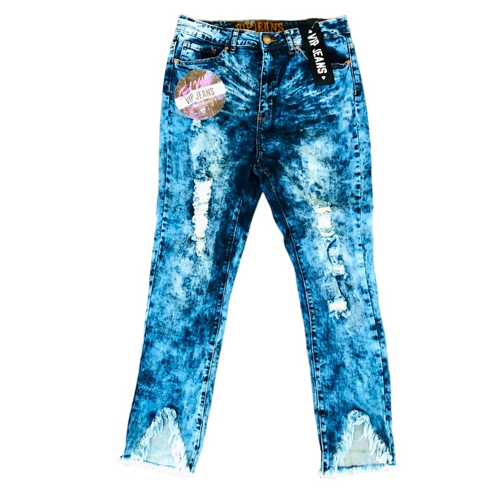 $10 SALE! V.I.P. JEANS Stonewashed Acid Washed Trashed Shark Bite Blue Jeans